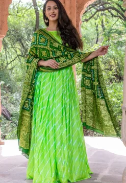 Leheriya Uppada Silk Abaya Style Suit in Light Green
