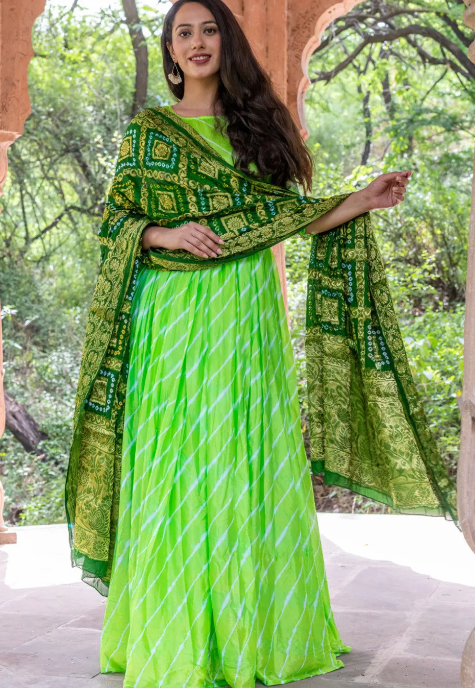 Leheriya Uppada Silk Abaya Style Suit in Light Green