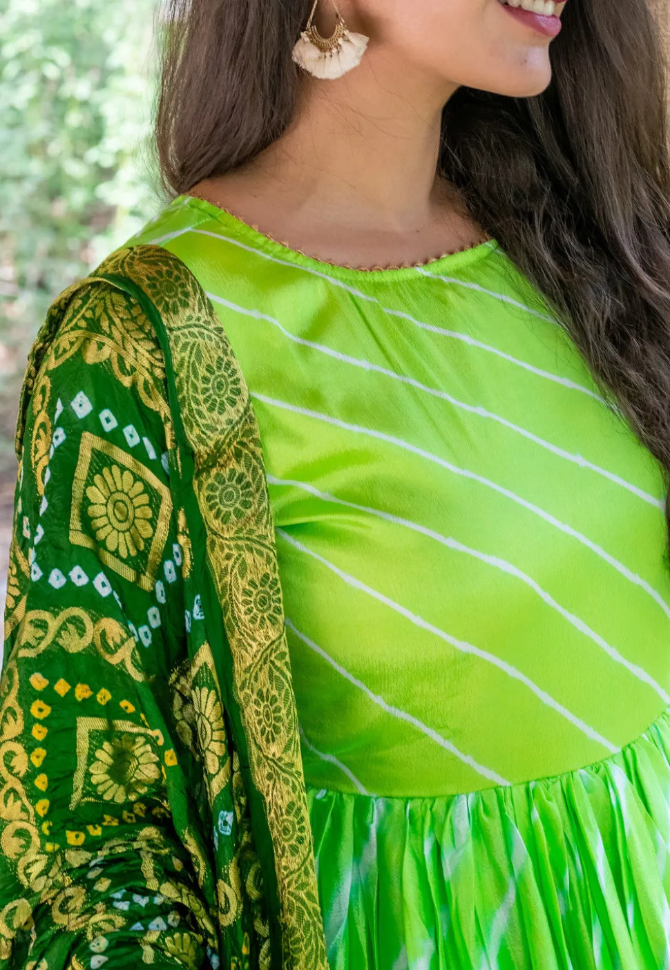 Leheriya Uppada Silk Abaya Style Suit in Light Green