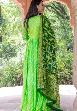 Leheriya Uppada Silk Abaya Style Suit in Light Green