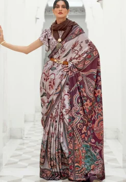 Madhubani Printed Crepe Saree in Light Grey and Wine