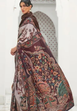 Madhubani Printed Crepe Saree in Light Grey and Wine