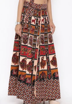 Mandala Printed Pure Cotton Wrap Around Skirt in Light Beige and Red