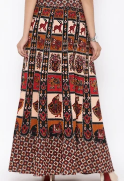 Mandala Printed Pure Cotton Wrap Around Skirt in Light Beige and Red