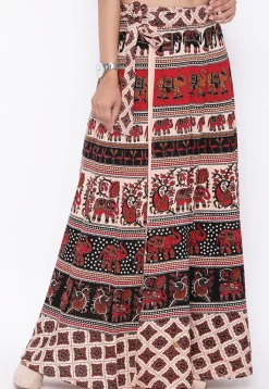 Mandala Printed Pure Cotton Wrap Around Skirt in Light Beige and Black