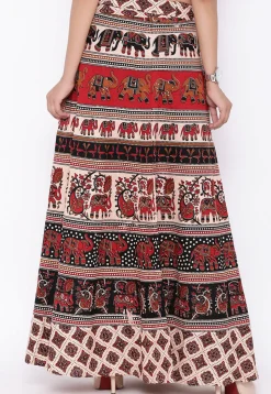 Mandala Printed Pure Cotton Wrap Around Skirt in Light Beige and Black