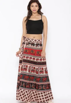 Mandala Printed Pure Cotton Wrap Around Skirt in Light Beige and Black