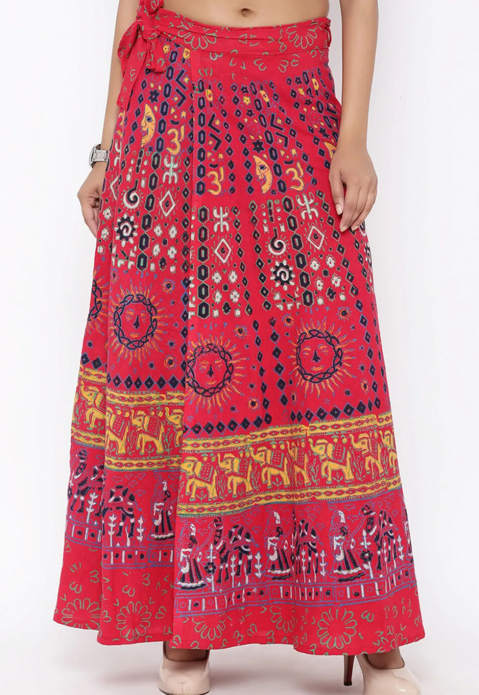 Mandala Printed Pure Cotton Wrap Around Skirt in Red