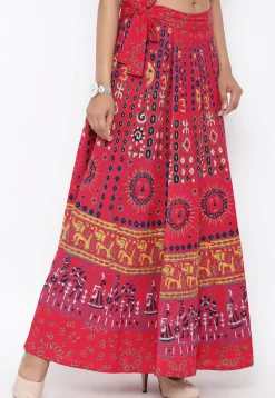 Mandala Printed Pure Cotton Wrap Around Skirt in Red