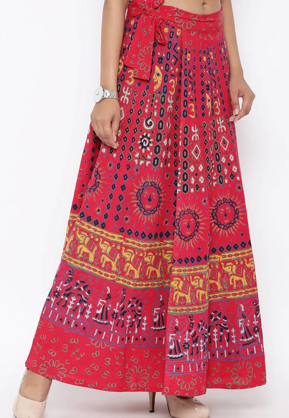 Mandala Printed Pure Cotton Wrap Around Skirt in Red
