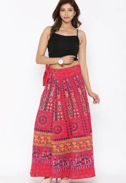 Mandala Printed Pure Cotton Wrap Around Skirt in Red