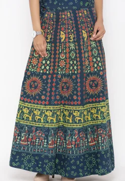 Mandala Printed Pure Cotton Wrap Around Skirt in Teal Blue