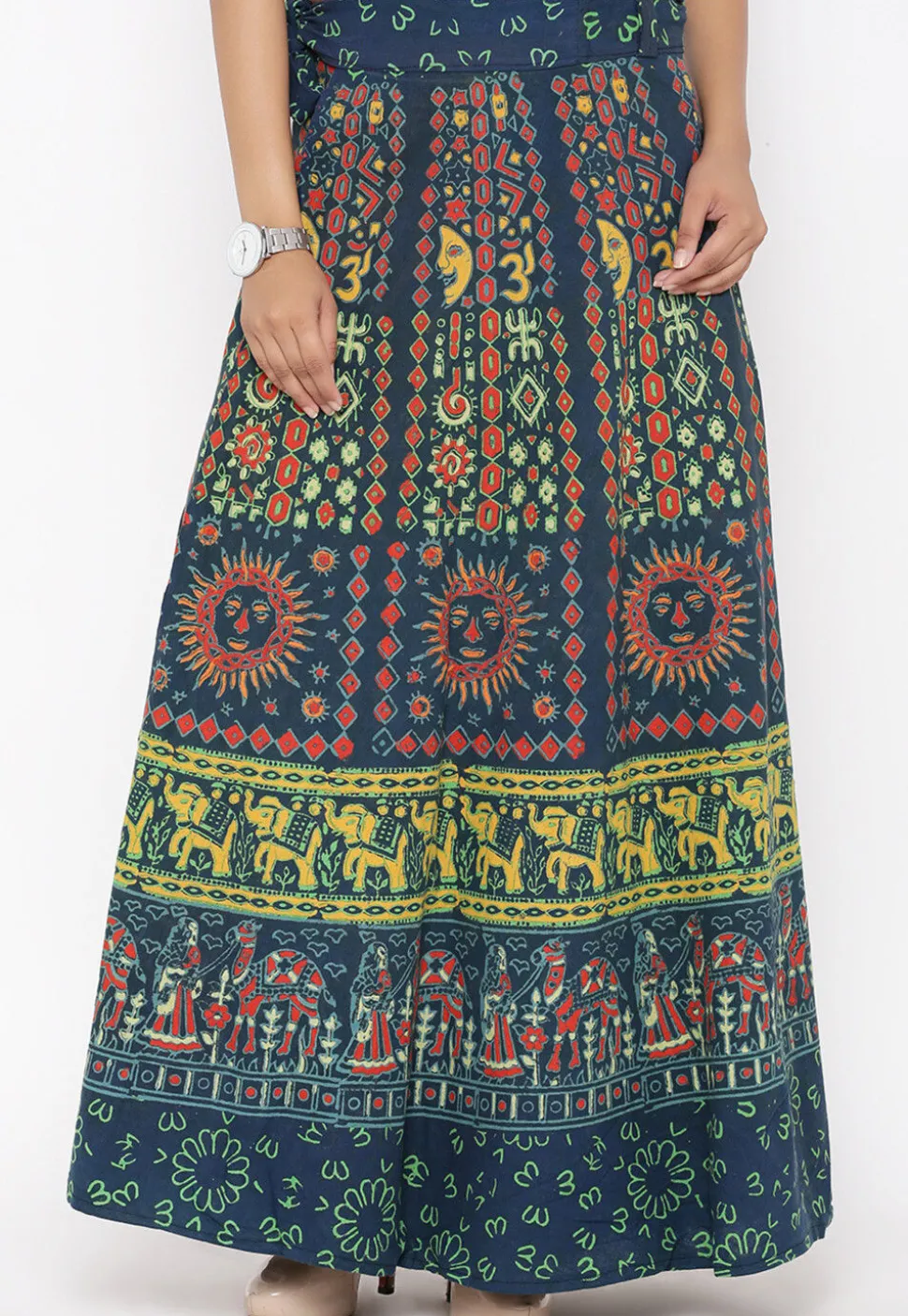 Mandala Printed Pure Cotton Wrap Around Skirt in Teal Blue