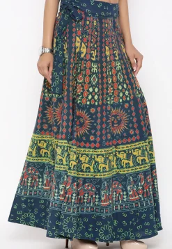 Mandala Printed Pure Cotton Wrap Around Skirt in Teal Blue