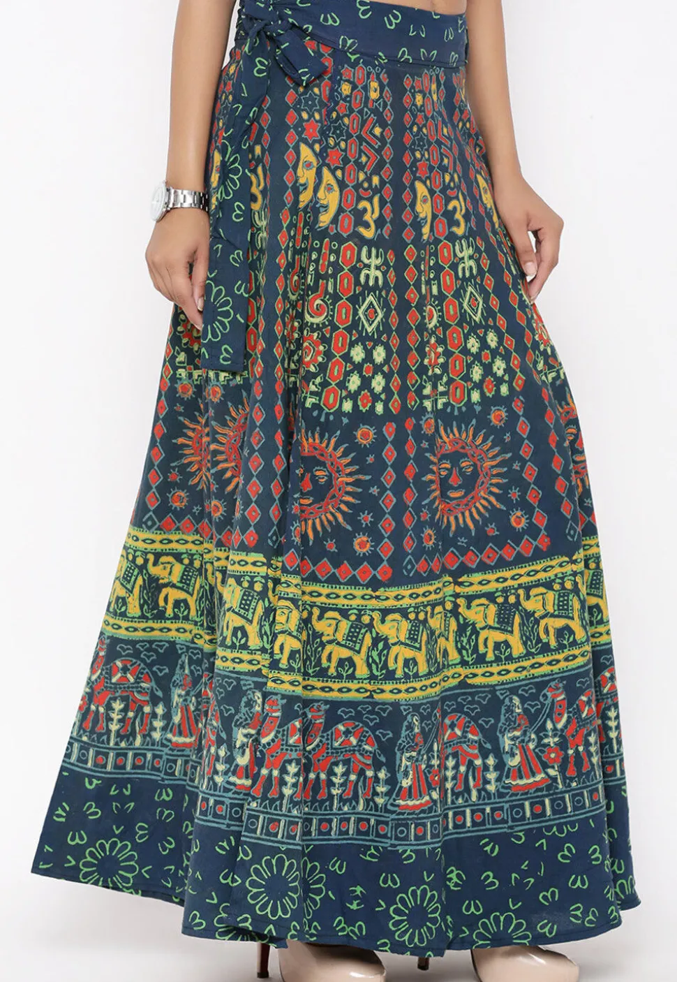 Mandala Printed Pure Cotton Wrap Around Skirt in Teal Blue