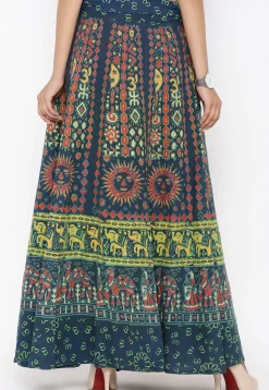 Mandala Printed Pure Cotton Wrap Around Skirt in Teal Blue