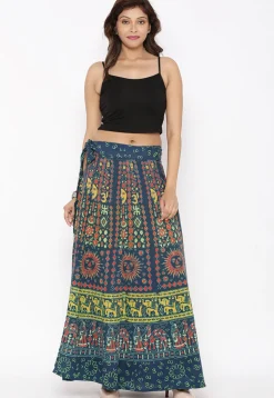 Mandala Printed Pure Cotton Wrap Around Skirt in Teal Blue