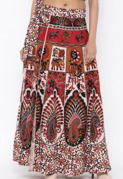 Mandala Printed Pure Cotton Wrap Around Skirt in Light Beige and Red