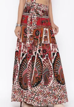 Mandala Printed Pure Cotton Wrap Around Skirt in Light Beige and Red