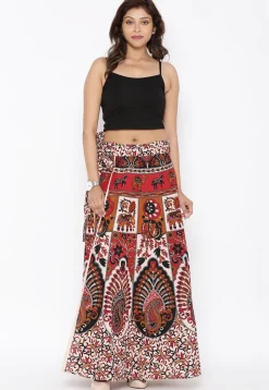 Mandala Printed Pure Cotton Wrap Around Skirt in Light Beige and Red