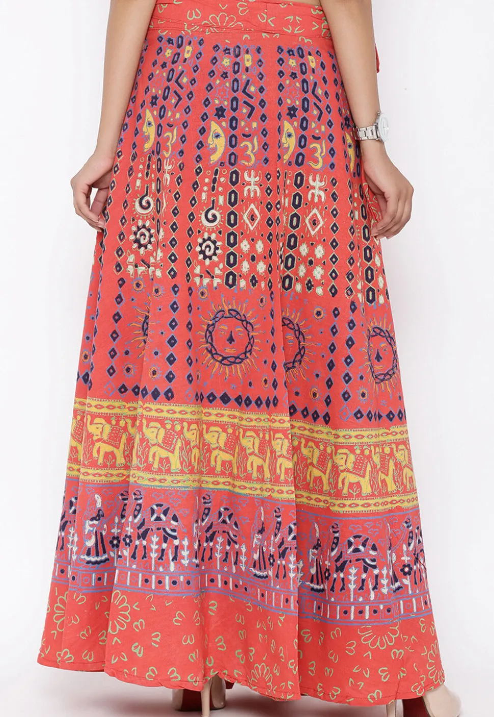 Mandala Printed Pure Cotton Wrap Around Skirt in Orange