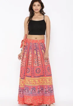 Mandala Printed Pure Cotton Wrap Around Skirt in Orange