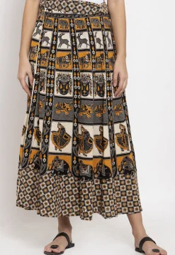 Mandala Printed Pure Cotton Wrap Around Skirt in Light Beige and Grey