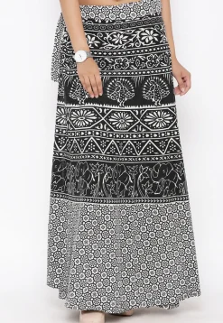 Mandala Printed Pure Cotton Wrap Around Skirt in Black
