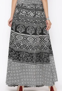 Mandala Printed Pure Cotton Wrap Around Skirt in Black