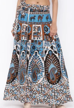 Mandala Printed Pure Cotton Wrap Around Skirt in Light Beige and Blue