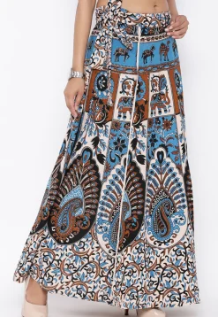 Mandala Printed Pure Cotton Wrap Around Skirt in Light Beige and Blue