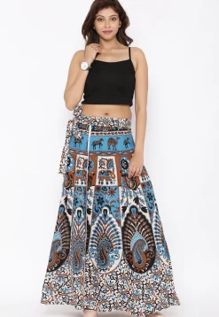 Mandala Printed Pure Cotton Wrap Around Skirt in Light Beige and Blue