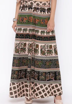 Mandala Printed Pure Cotton Wrap Around Skirt in Light Beige and Black