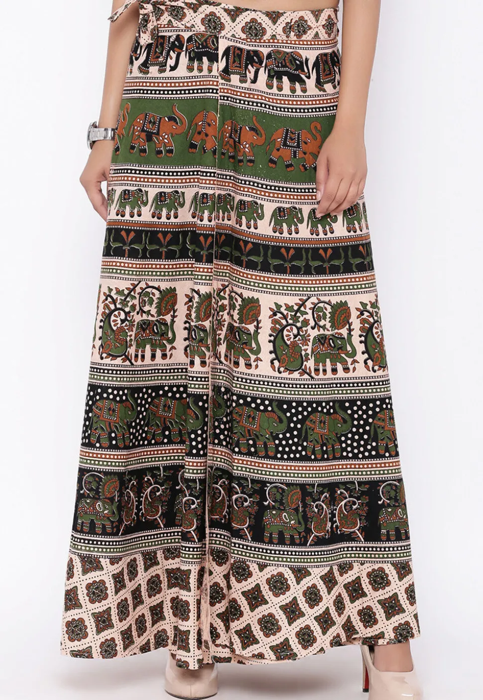 Mandala Printed Pure Cotton Wrap Around Skirt in Light Beige and Black