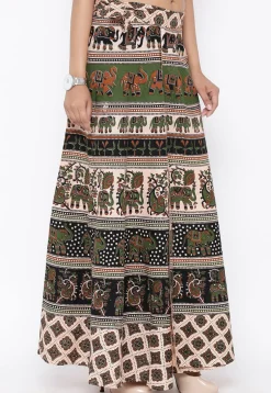 Mandala Printed Pure Cotton Wrap Around Skirt in Light Beige and Black