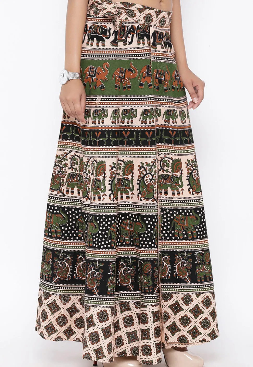 Mandala Printed Pure Cotton Wrap Around Skirt in Light Beige and Black