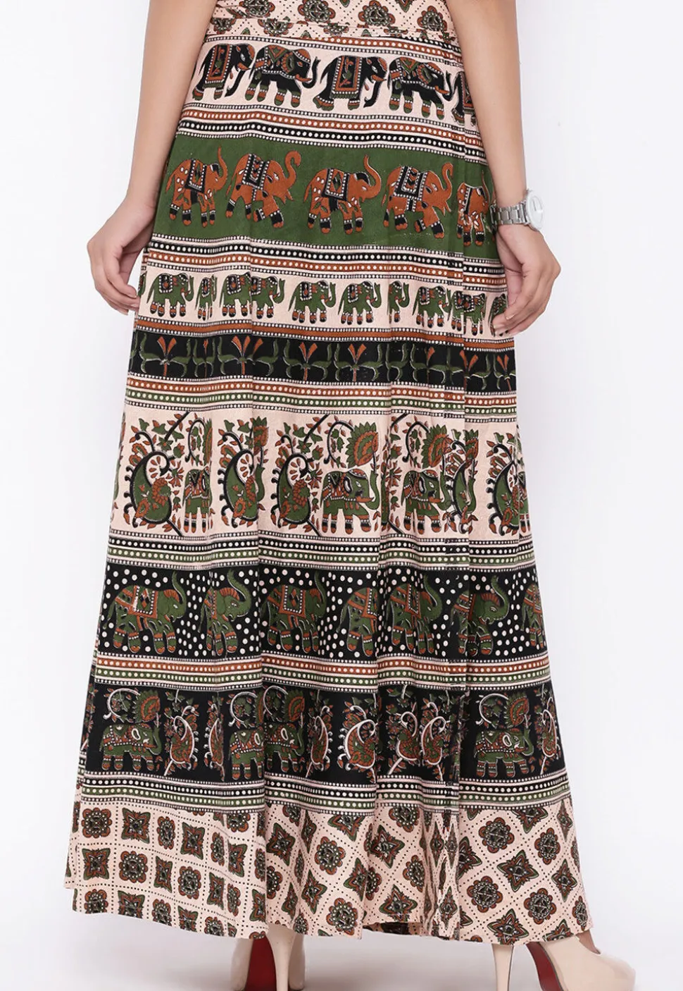 Mandala Printed Pure Cotton Wrap Around Skirt in Light Beige and Black