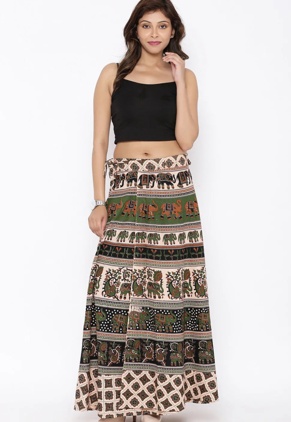 Mandala Printed Pure Cotton Wrap Around Skirt in Light Beige and Black