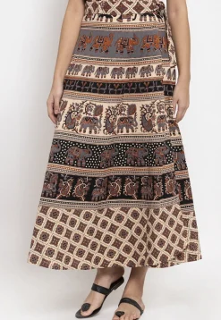 Mandala Printed Pure Cotton Wrap Around Skirt in Light Beige and Black