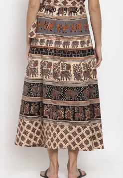 Mandala Printed Pure Cotton Wrap Around Skirt in Light Beige and Black