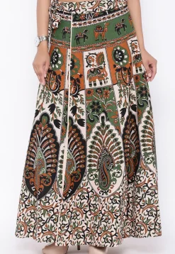 Mandala Printed Pure Cotton Wrap Around Skirt in Light Beige and Green