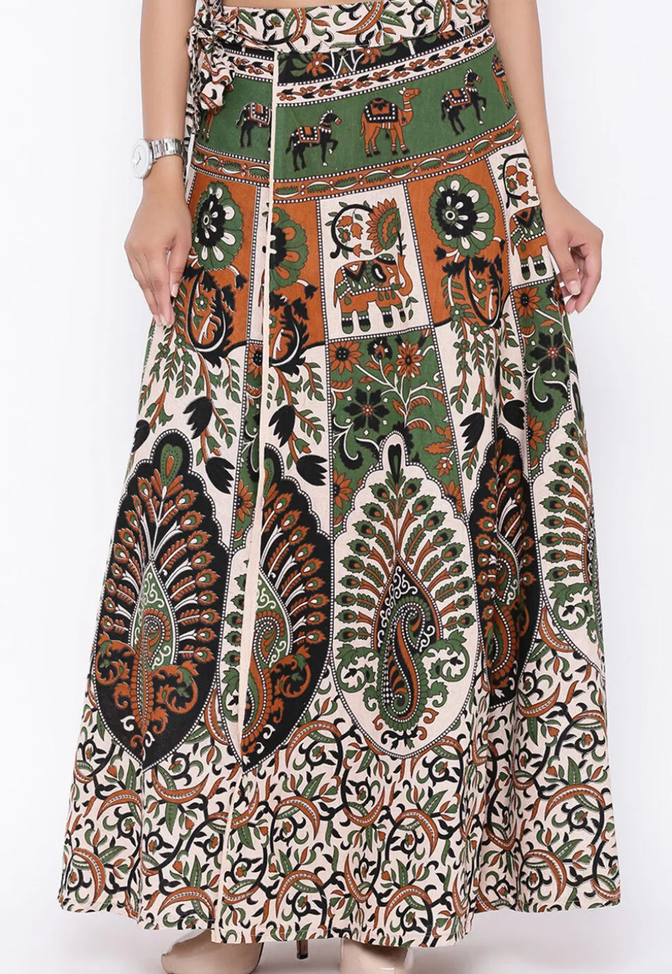Mandala Printed Pure Cotton Wrap Around Skirt in Light Beige and Green