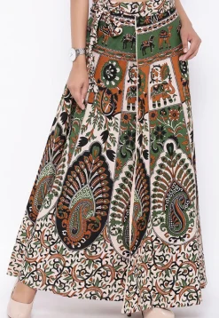 Mandala Printed Pure Cotton Wrap Around Skirt in Light Beige and Green