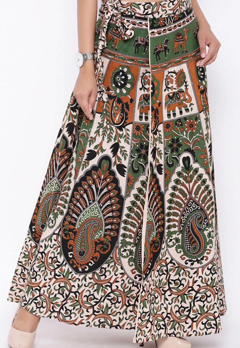 Mandala Printed Pure Cotton Wrap Around Skirt in Light Beige and Green
