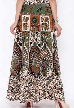 Mandala Printed Pure Cotton Wrap Around Skirt in Light Beige and Green