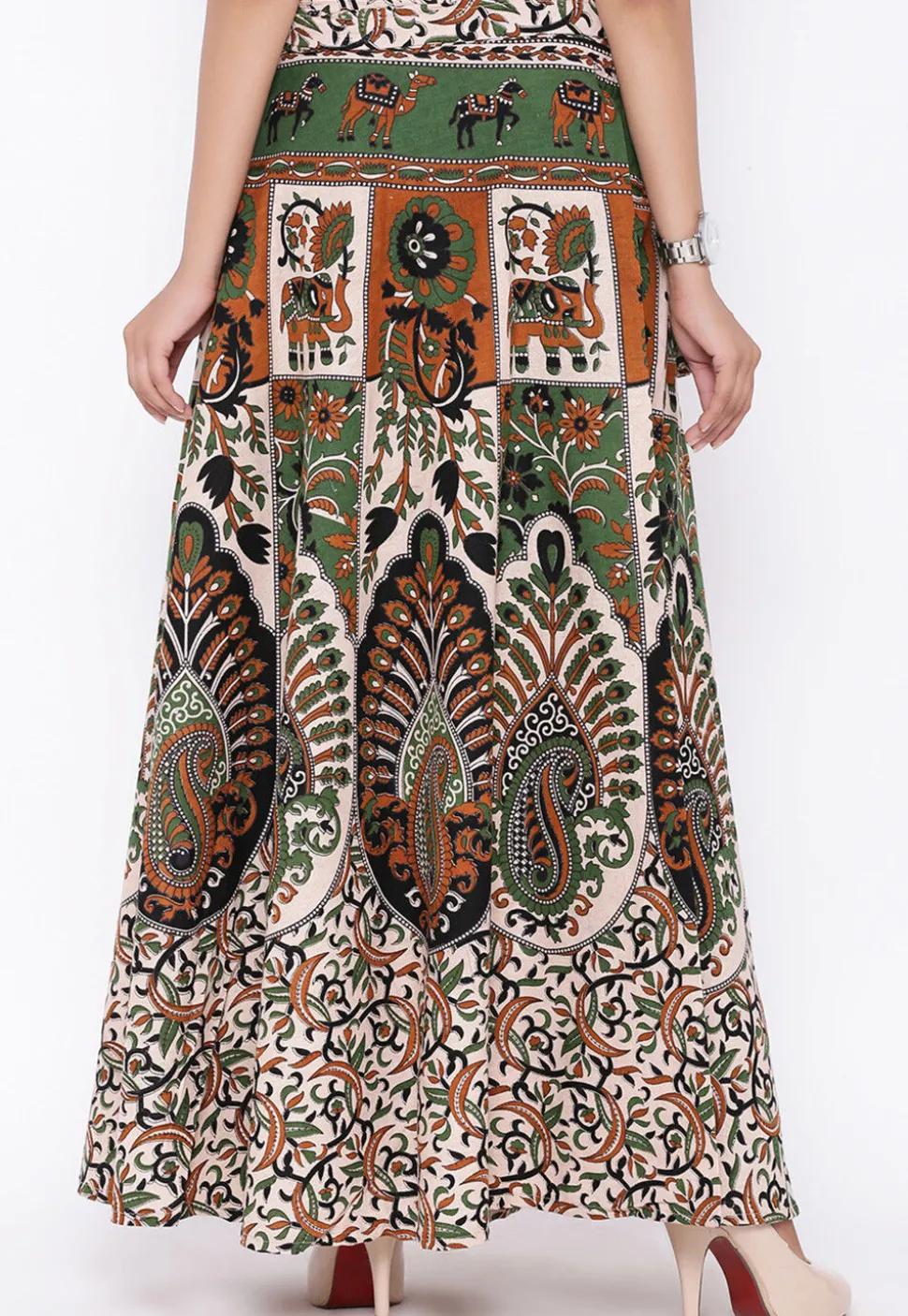 Mandala Printed Pure Cotton Wrap Around Skirt in Light Beige and Green