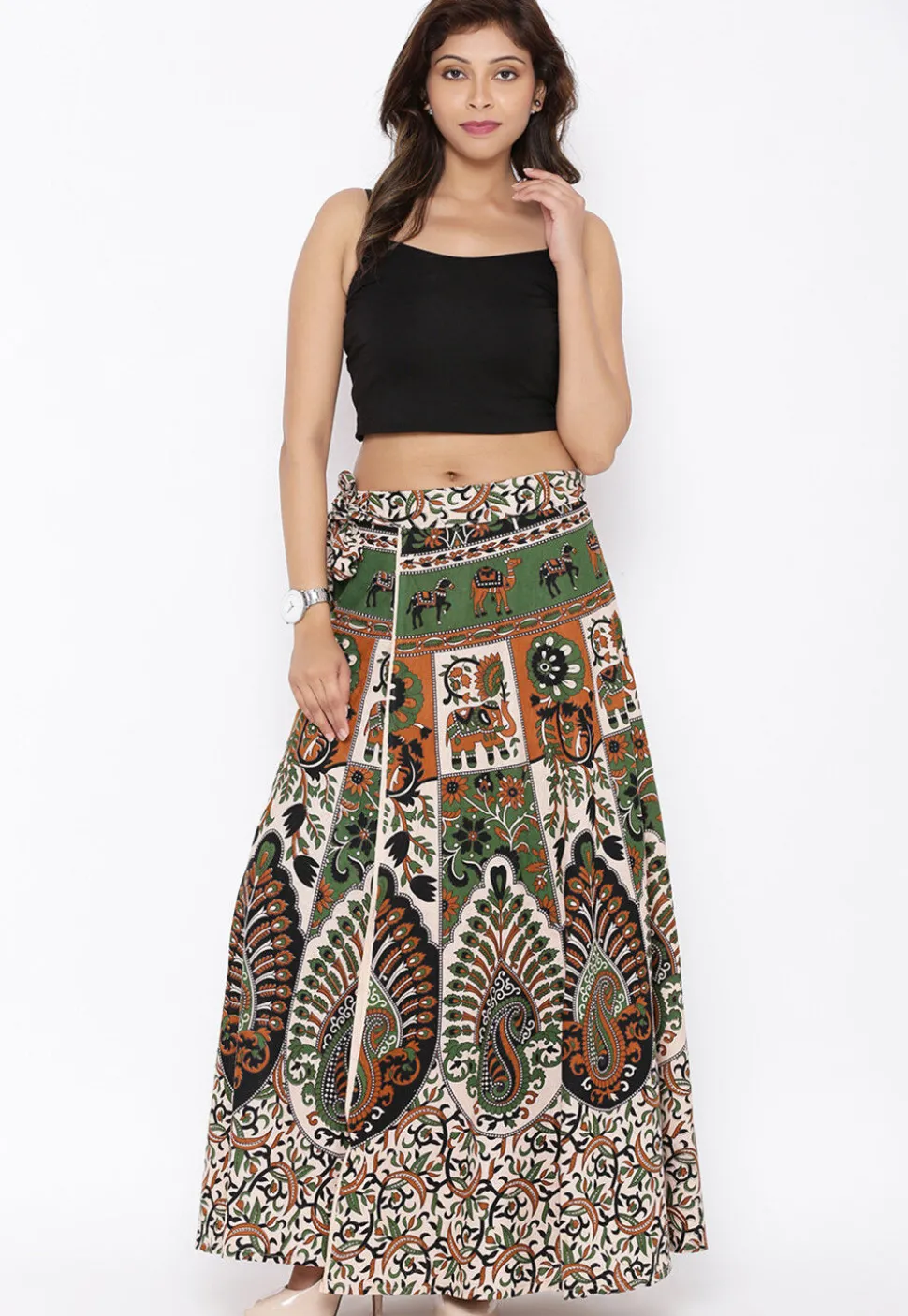 Mandala Printed Pure Cotton Wrap Around Skirt in Light Beige and Green