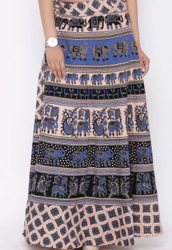 Mandala Printed Pure Cotton Wrap Around Skirt in Light Beige and Black