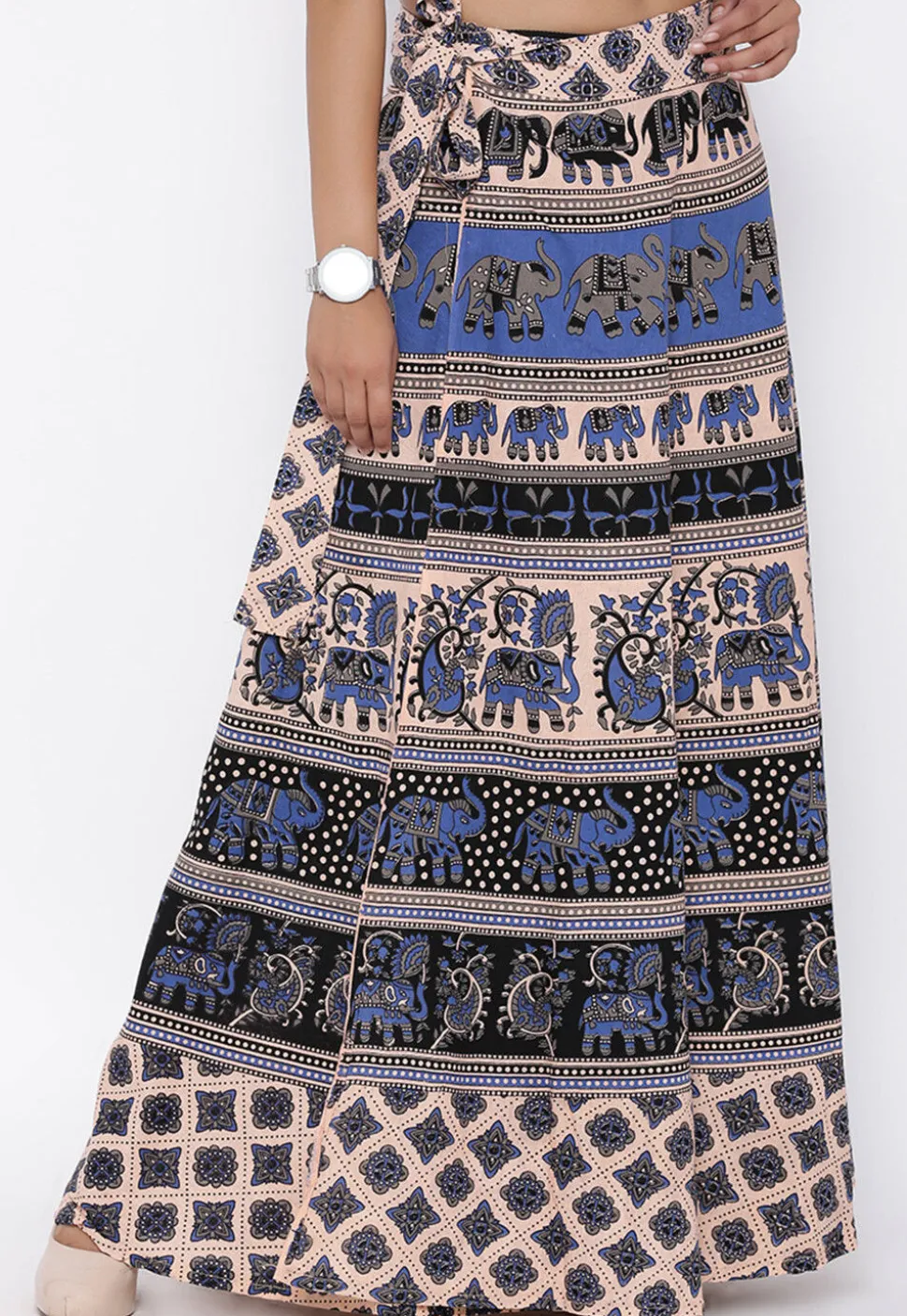 Mandala Printed Pure Cotton Wrap Around Skirt in Light Beige and Black