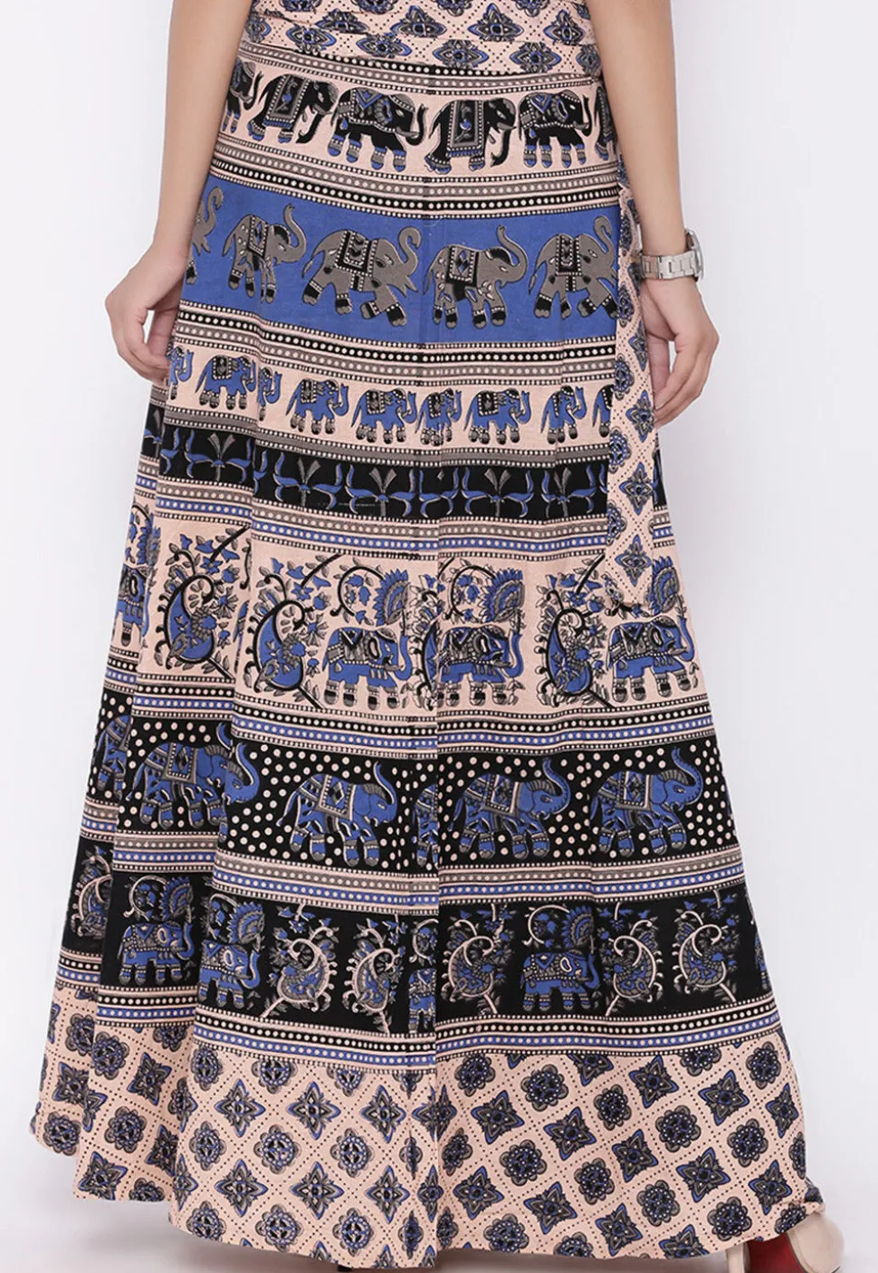 Mandala Printed Pure Cotton Wrap Around Skirt in Light Beige and Black